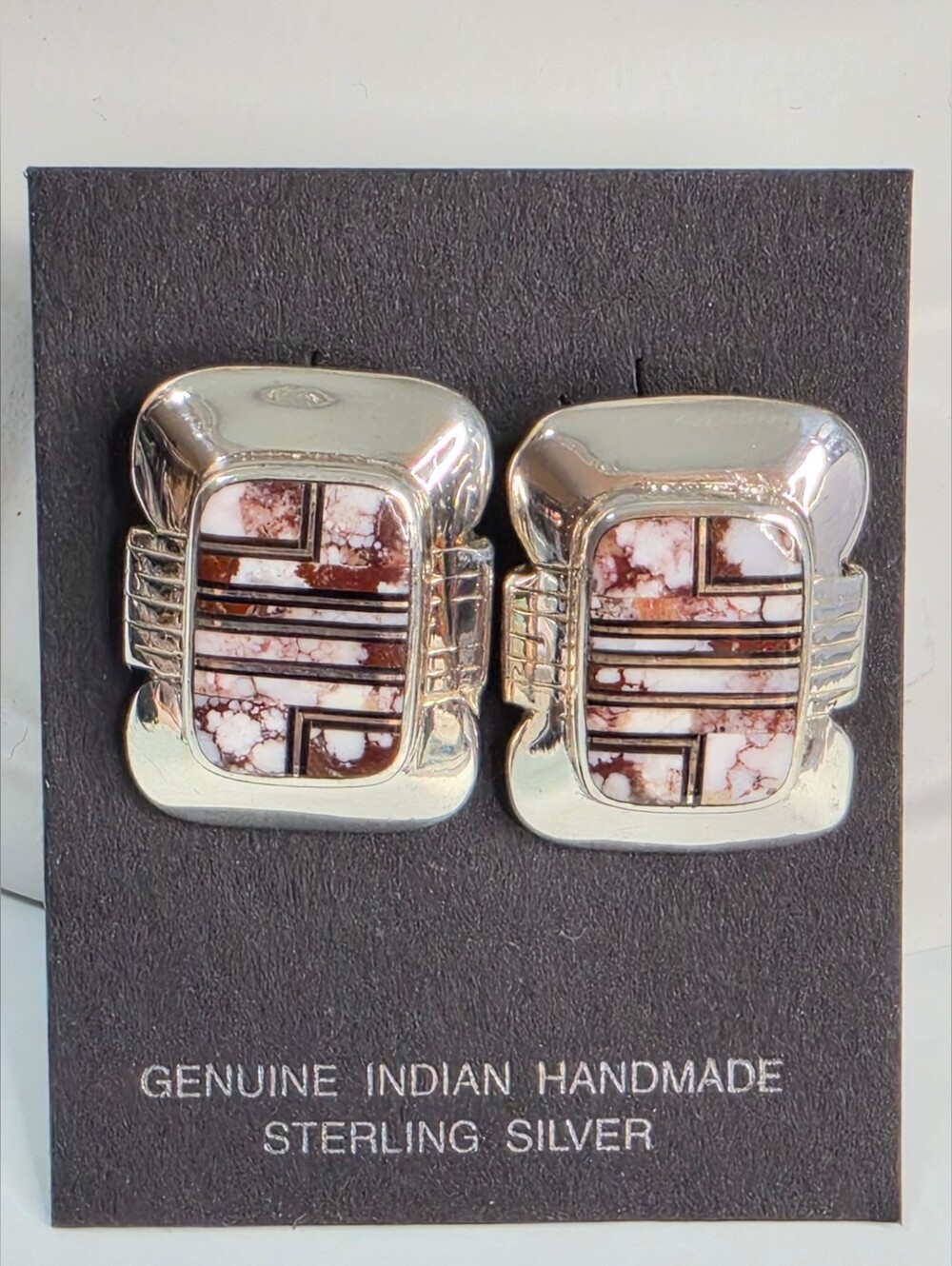 VTG Navajo George Begay Sterling Silver Wild Horse Inlay Post Earrings EXCELLENT